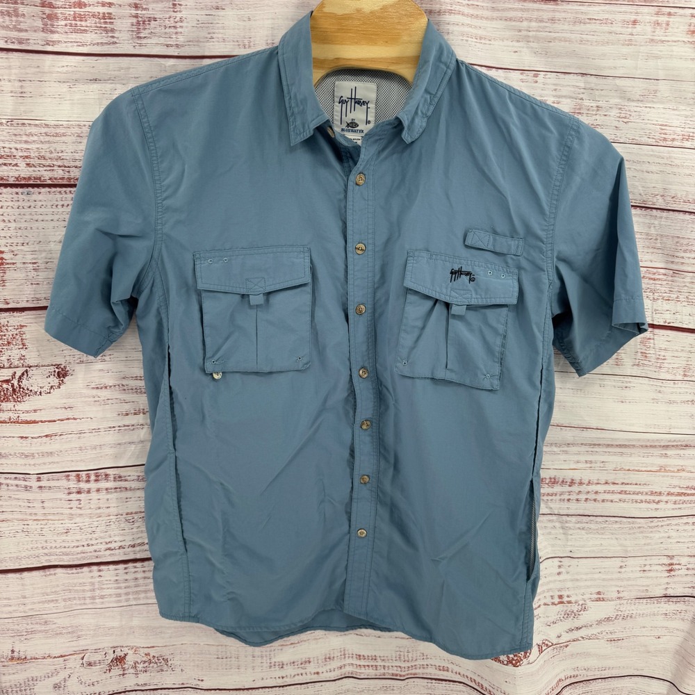 Guy Harvey AFTCO Bluewater Fishing Shirt Mens Medium Blue Mahi Mahi Vented Nylon